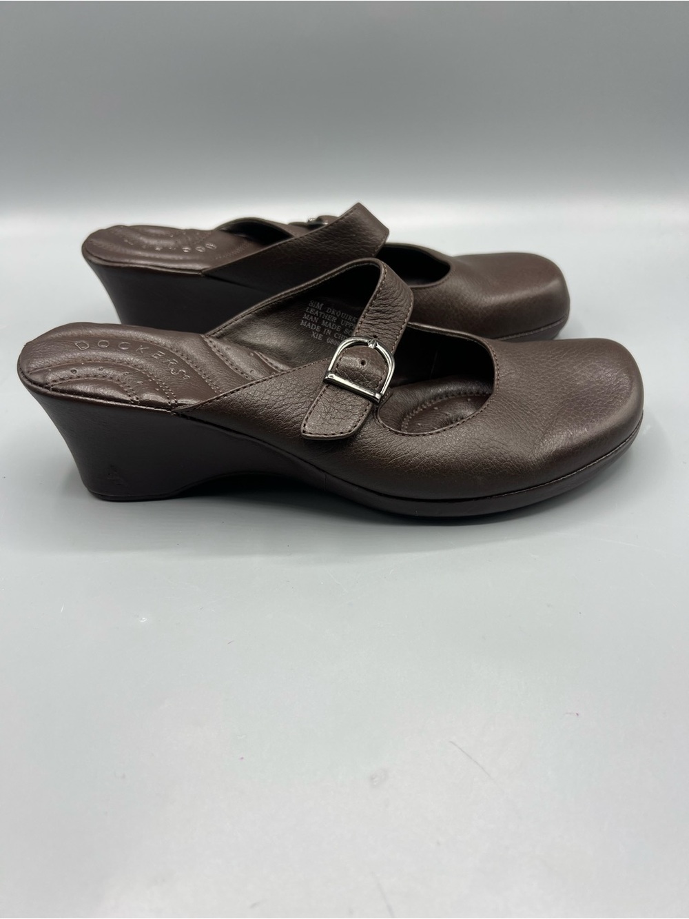 Dockers Women’s Brown Mary Jane Wedge Mules Slip On Buckle Leather Shoes